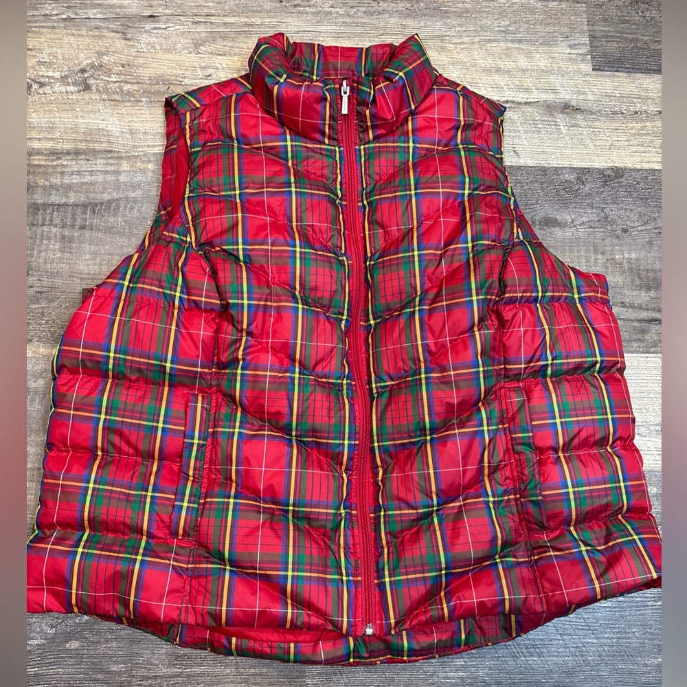 Lands’ End Down Puffer Vest Size 2X 20W-22W Red Plaid cabincore